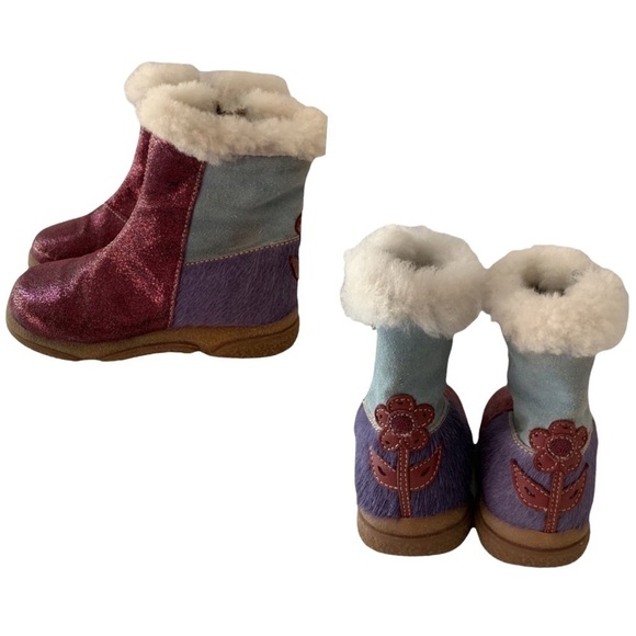 Mokine Toddler Genuine Leather Faux Fur Boots Purple Blue Made in Italy Size 6 - Picture 1 of 8